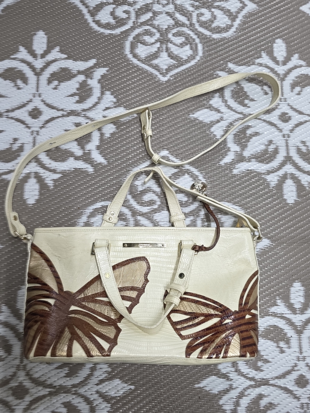 Brahmin Cream Satchel with Brown Butterfly Motif